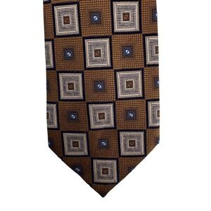 Mark Pendleton Silk Tie Gold Brown Blue Geometric Square Pattern 57x4 Wide Mens